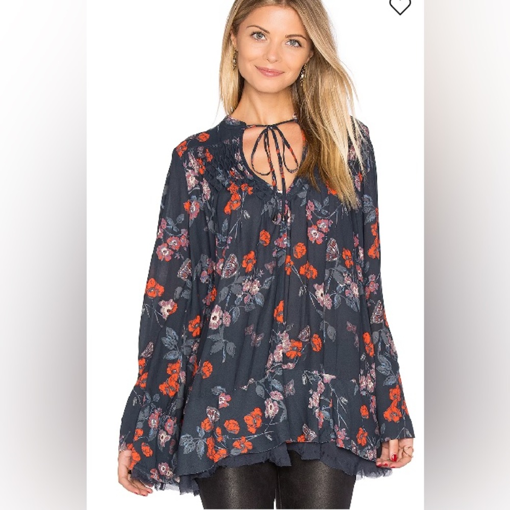 Free People Pebble Crepe So Fine Smocked Tunic Navy Floral & Butterfly Print XS